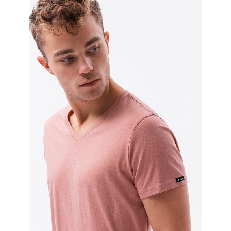 Ombre Clothing Klasické pánské tričko BASIC s výstřihem - růžové V7 S1369