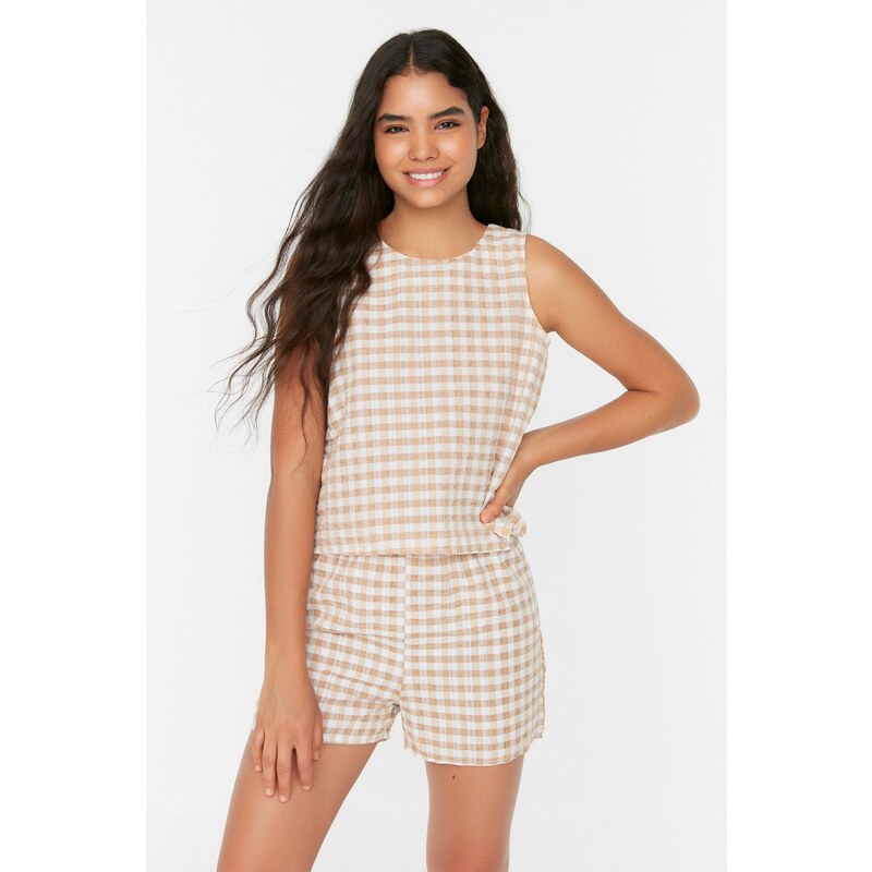 Trendyol Beige Gingham Back Detailed See-through Fabric Woven Pajamas Set