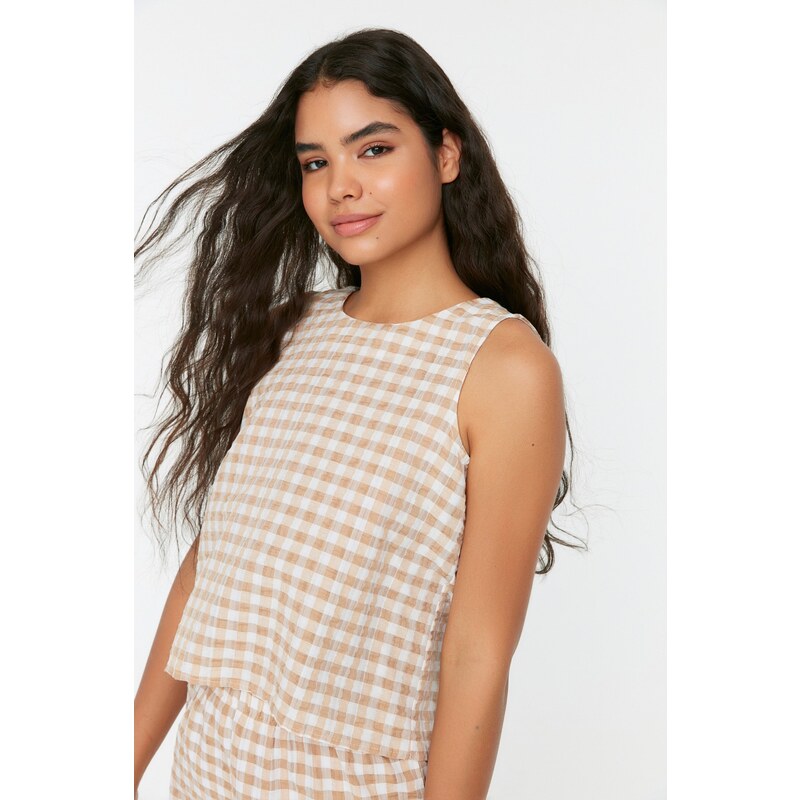 Trendyol Beige Gingham Back Detailed See-through Fabric Woven Pajamas Set