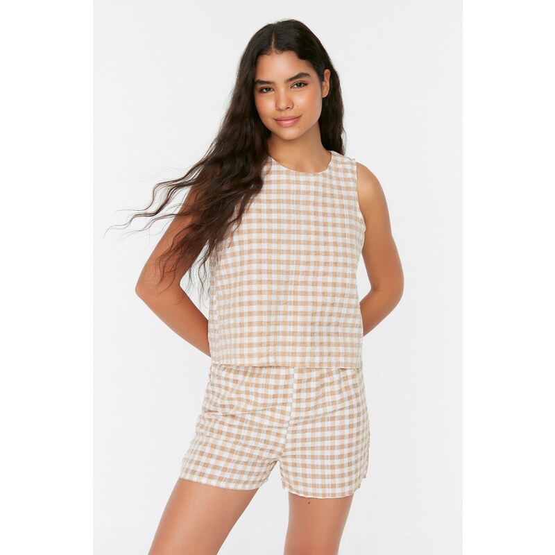 Trendyol Beige Gingham Back Detailed See-through Fabric Woven Pajamas Set