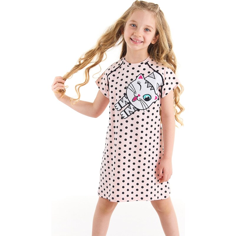 Denokids White Cat Girl Child Polka Dot Pink Dress