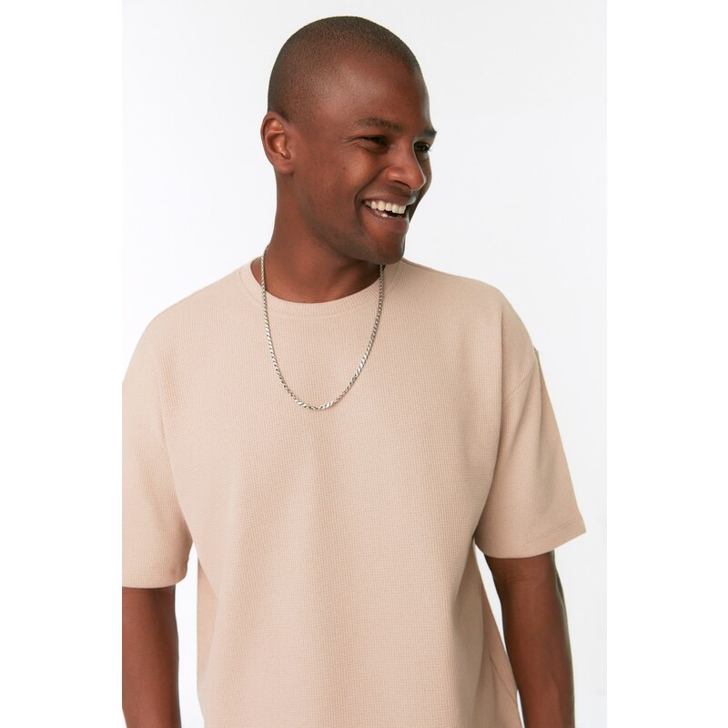 Trendyol Camel Oversize/Wide-Fit Crew Neck Short Sleeve Basic Textured T-shirt