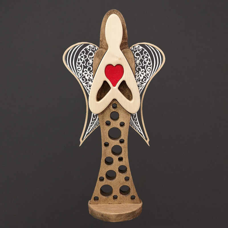 AMADEA Dřevěný anděl na podstavci s bílými křídly a červeným srdcem, masivní dřevo, 63x31 cm, český výrobek