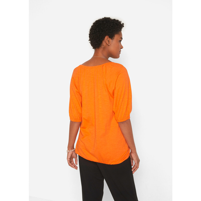 bonprix Bavlněné tričko s gumou podél spodního lemu, krátký rukáv Oranžová