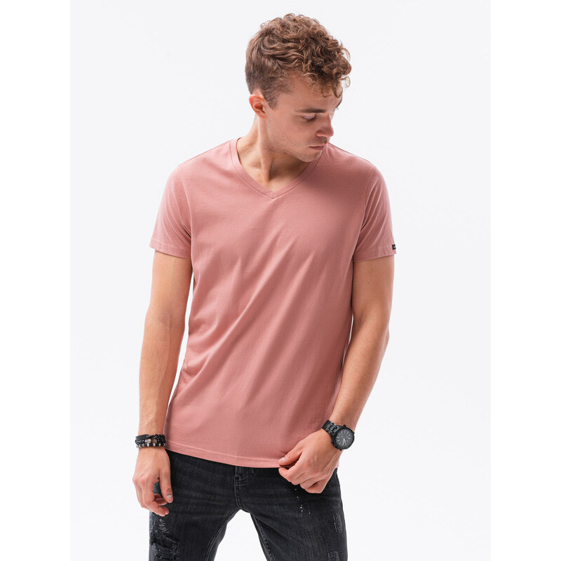 Ombre Clothing Klasické pánské tričko BASIC s výstřihem - růžové V7 S1369