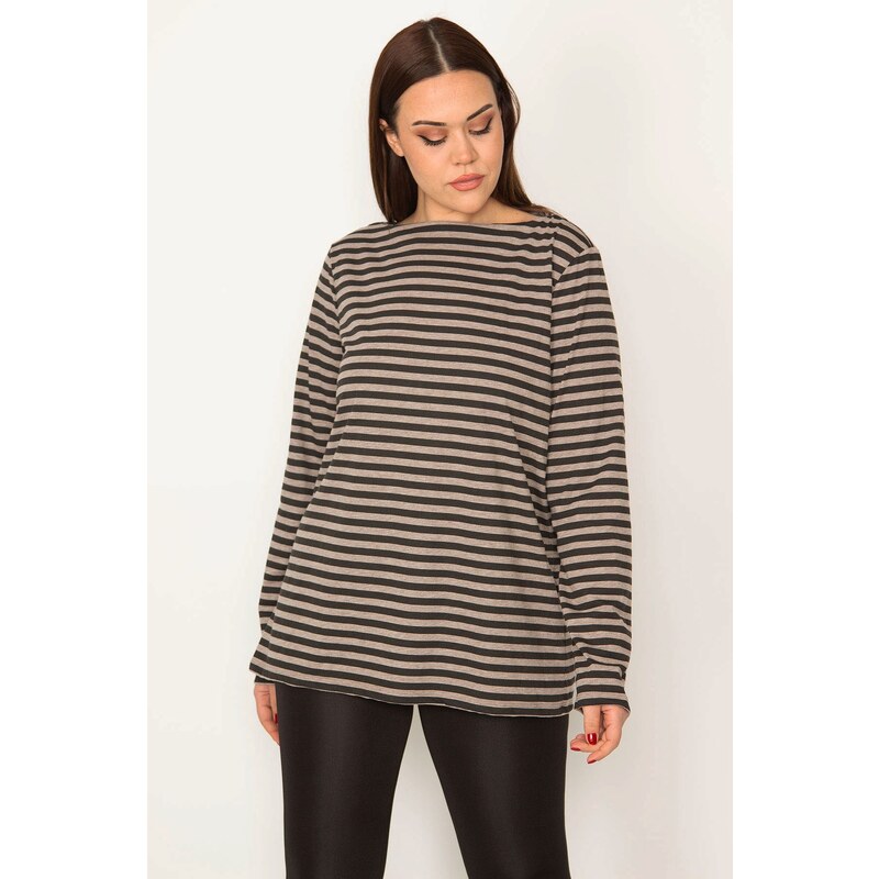 Şans Women's Plus Size Milk Brown Crew Neck Long Sleeve Striped Blouse