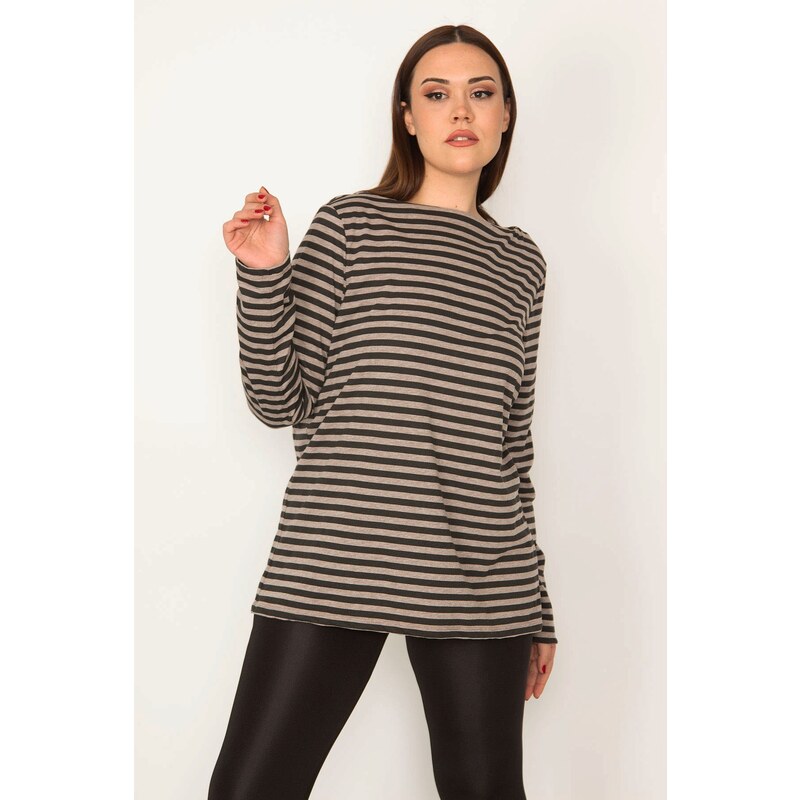 Şans Women's Plus Size Milk Brown Crew Neck Long Sleeve Striped Blouse