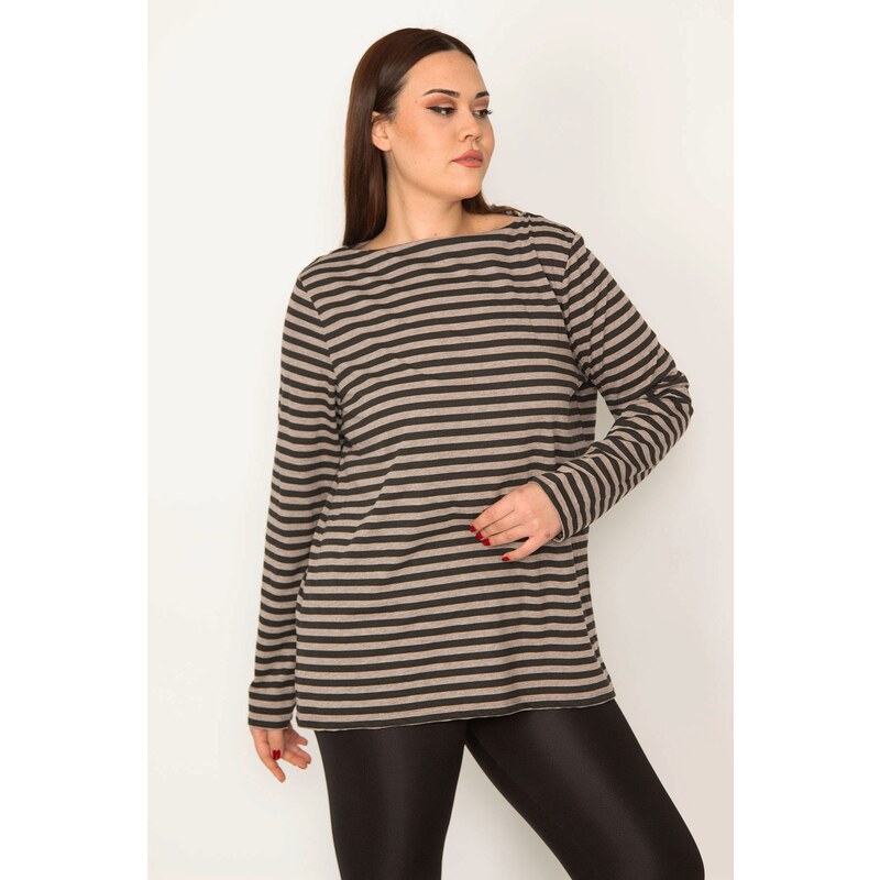 Şans Women's Plus Size Milk Brown Crew Neck Long Sleeve Striped Blouse