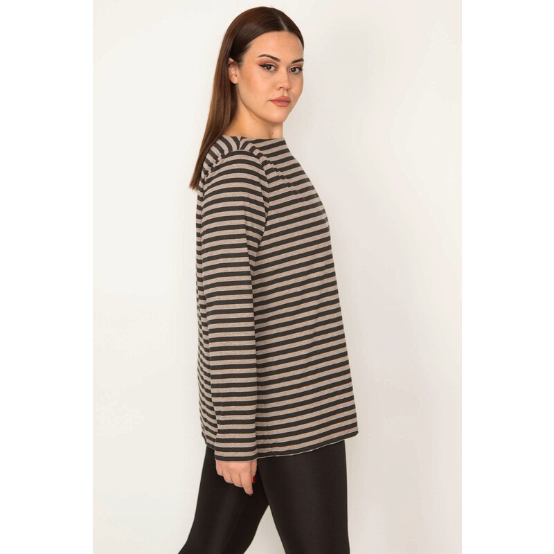 Şans Women's Plus Size Milk Brown Crew Neck Long Sleeve Striped Blouse