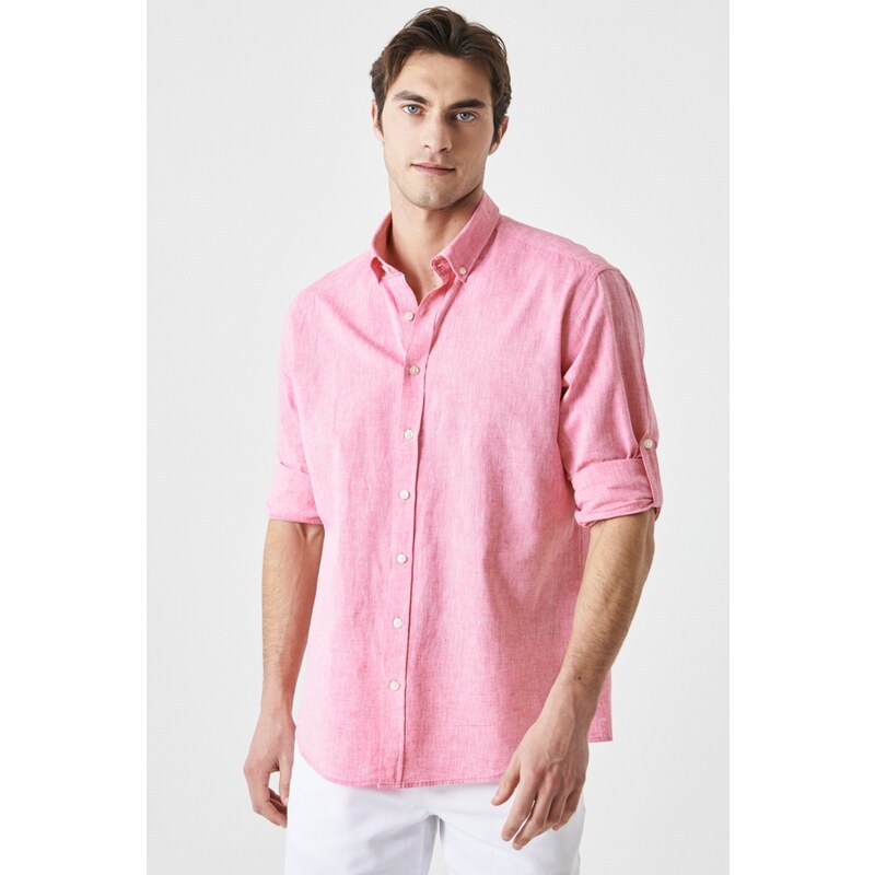 AC&Co / Altınyıldız Classics Men's Fuchsia Comfort Fit Relaxed-Cut Buttoned Collar Casual Linen Shirt.