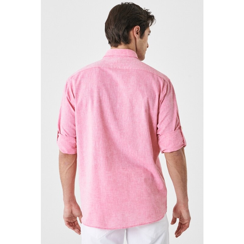 AC&Co / Altınyıldız Classics Men's Fuchsia Comfort Fit Relaxed-Cut Buttoned Collar Casual Linen Shirt.