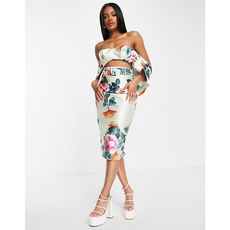 ASOS LUXE co-ord satin bardot crop top with bow in floral print-Multi