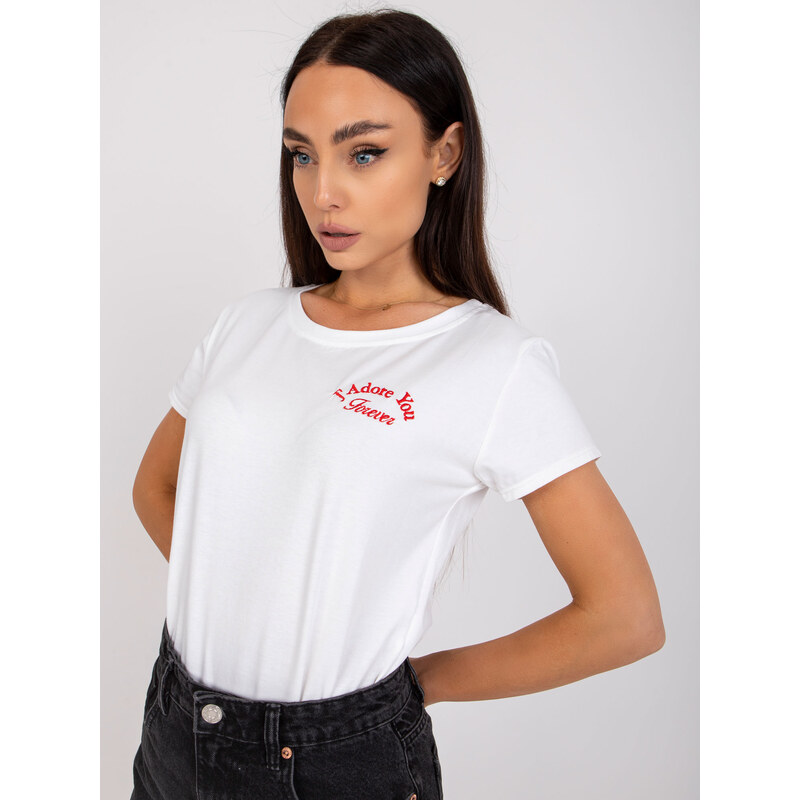 Fashionhunters Bílé a červené jednobarevné tričko s výšivkou