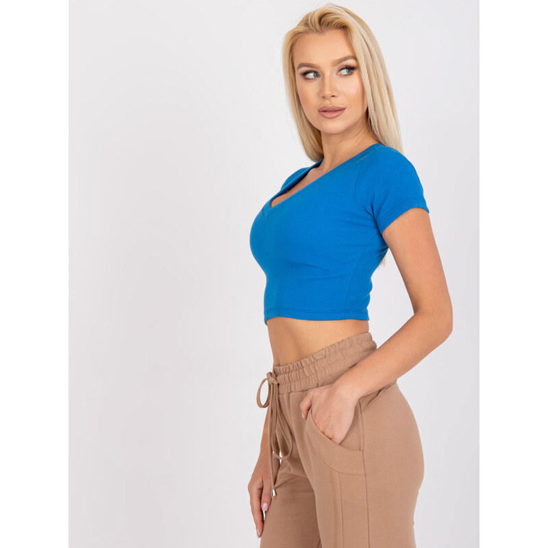 RUE PARIS MODRÝ CROP TOP EDITTA S KRÁTKÝM RUKÁVEM -BLUE Modrá