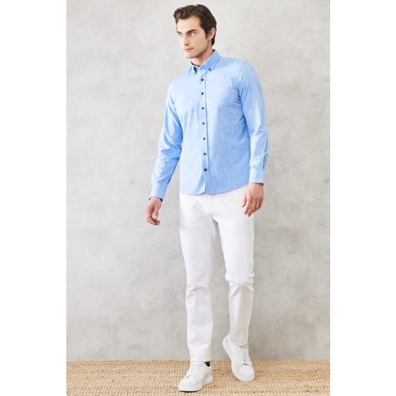 AC&Co / Altınyıldız Classics Men's Blue Slim Fit Slim Fit 100% Cotton Dobby Buttoned Collar Casual Shirt.