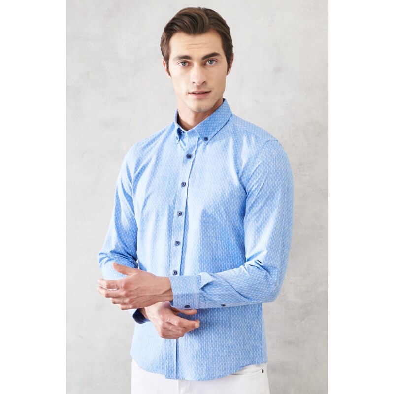 AC&Co / Altınyıldız Classics Men's Blue Slim Fit Slim Fit 100% Cotton Dobby Buttoned Collar Casual Shirt.
