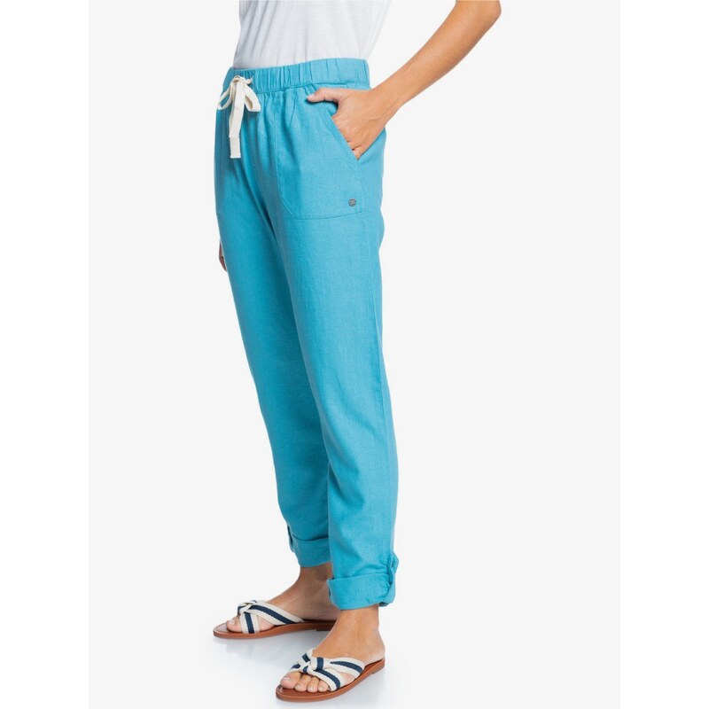 Modré dámské lněné kalhoty se zavazováním Roxy On The Seashore - Dámské