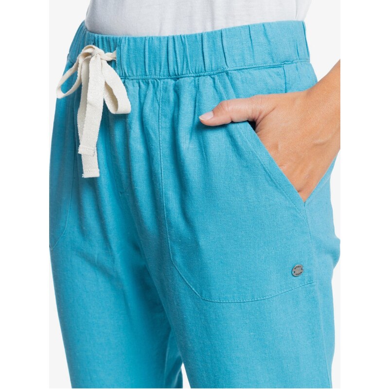 Modré dámské lněné kalhoty se zavazováním Roxy On The Seashore - Dámské