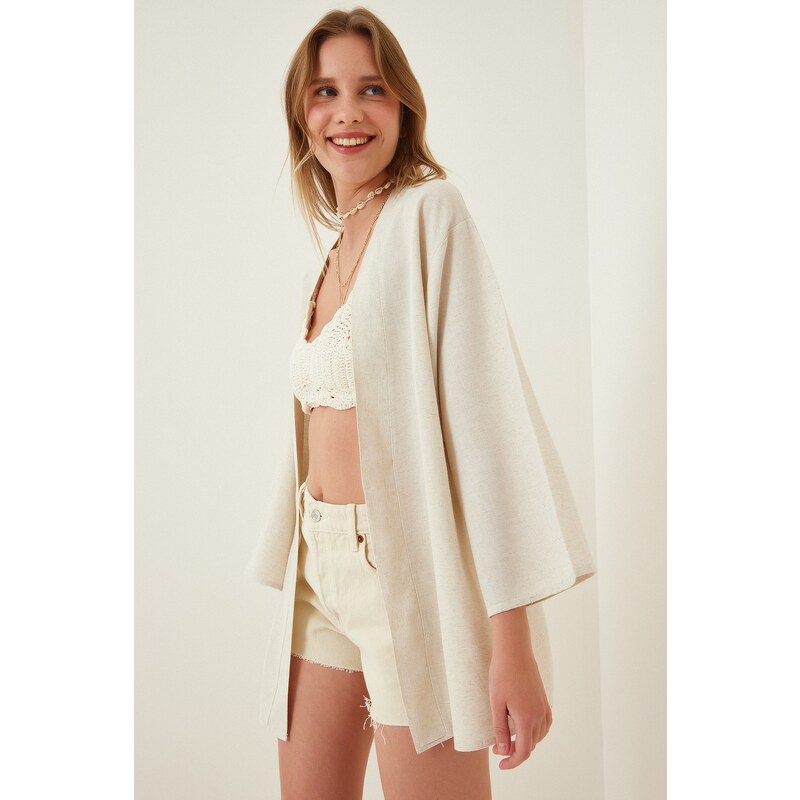 Happiness İstanbul Women's Cream Loose Linen Viscose Kimono