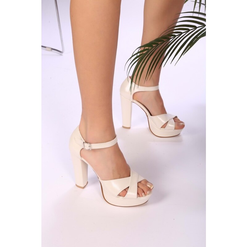 Shoeberry Women's White Skin Platform Heels