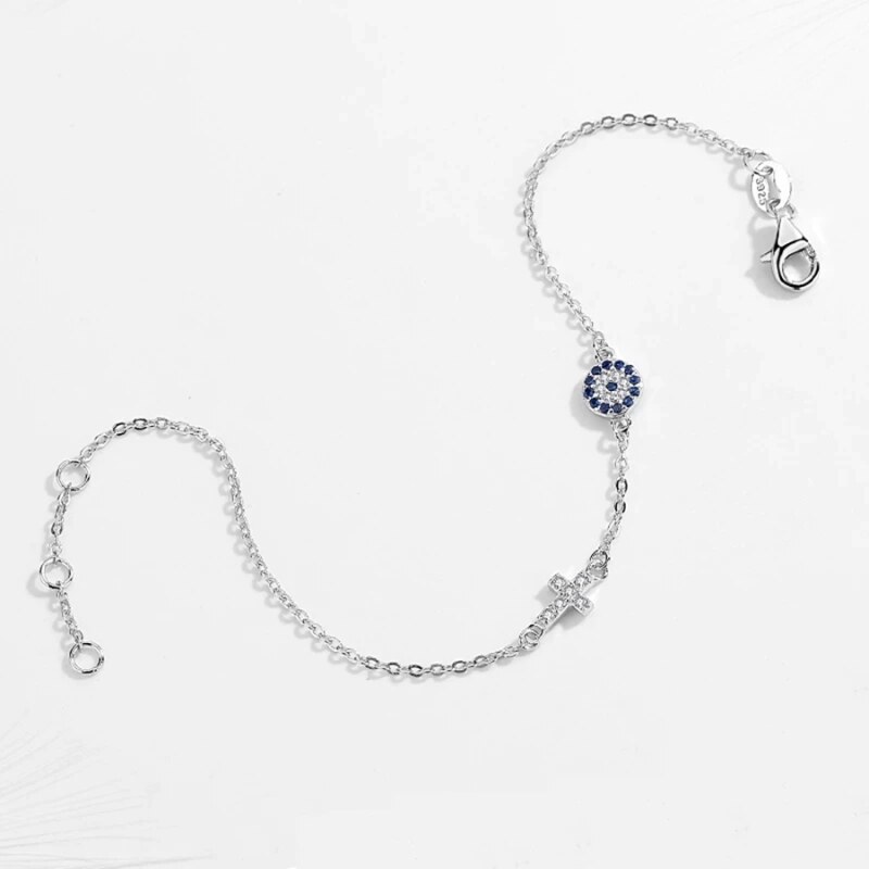 GRACE Silver Jewellery Stříbrný náramek Evil Eye, stříbro 925/1000, amulet Nazar a kříž