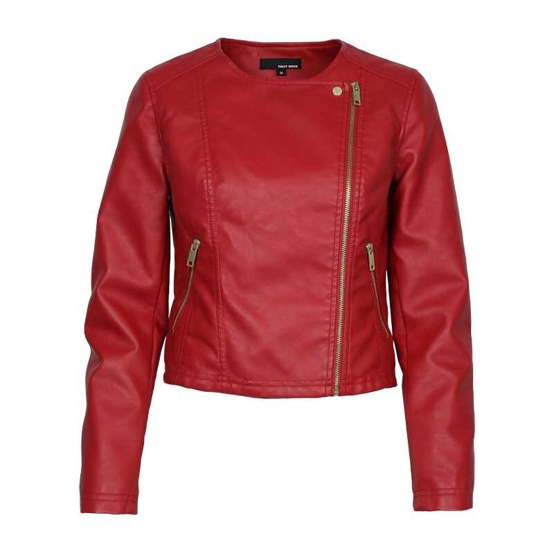 Tally Weijl Red Leather Biker Jacket with Diagonal Zip
