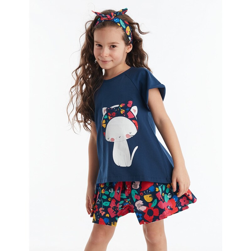 Denokids Floral Cat Girl Kids T-shirt Poplin Shorts Set