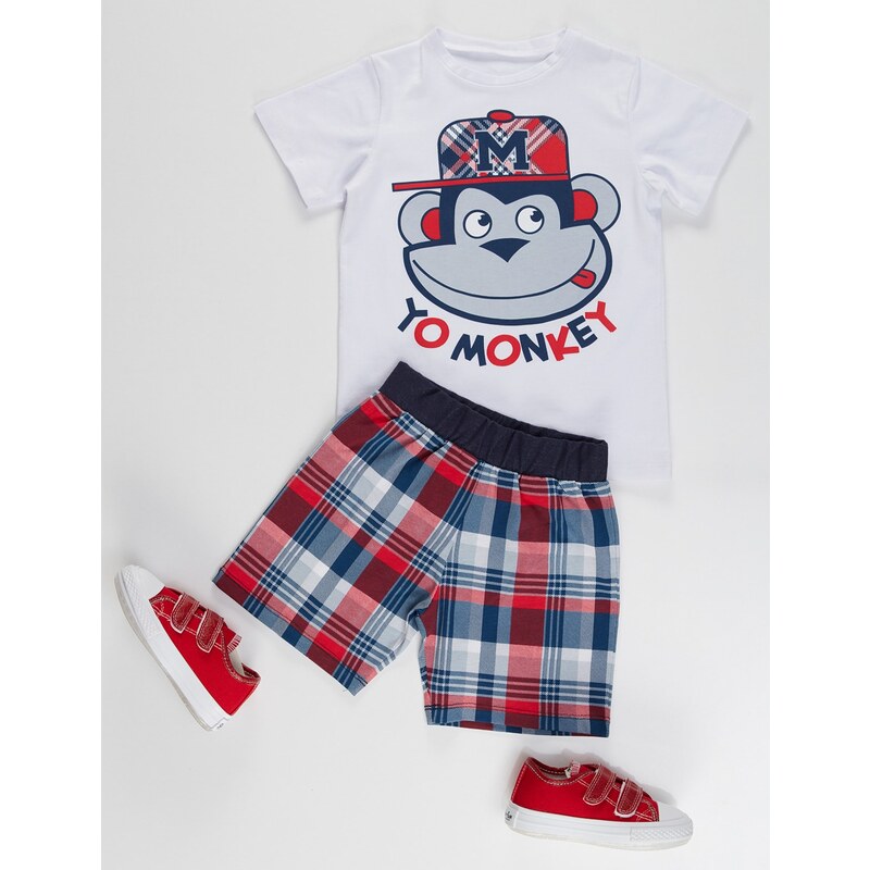 Denokids Monkey Plaid Boy's T-shirt Shorts Set