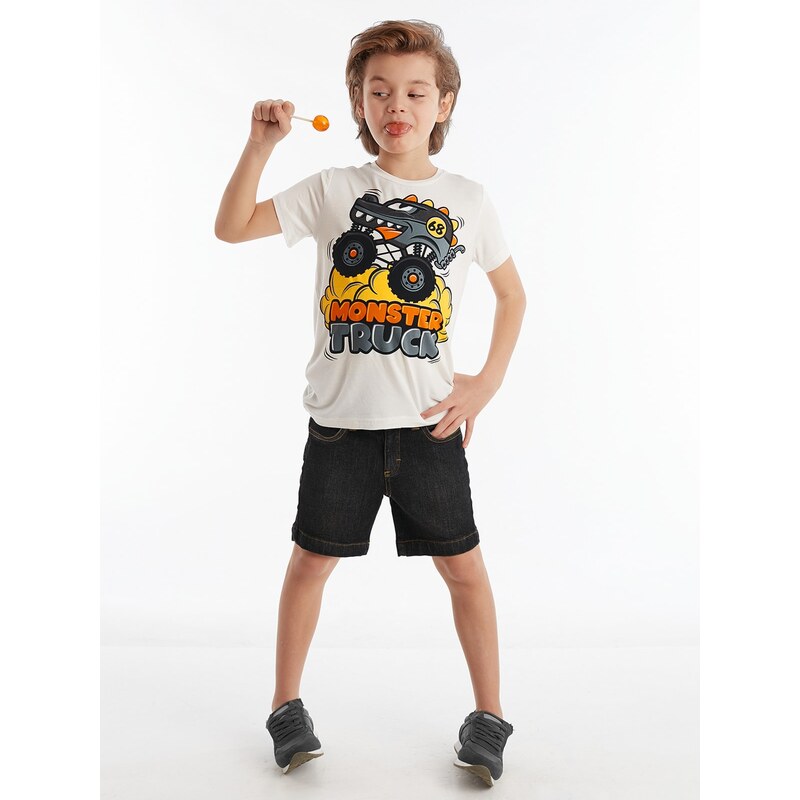 Denokids Monster Car Boy T-shirt Denim Shorts Set