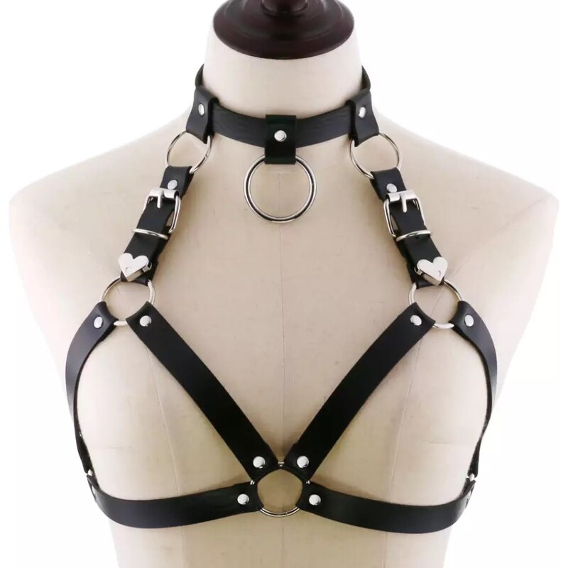 Bodypiece harness / pásek / bra / choker - černý koženkový se srdíčky