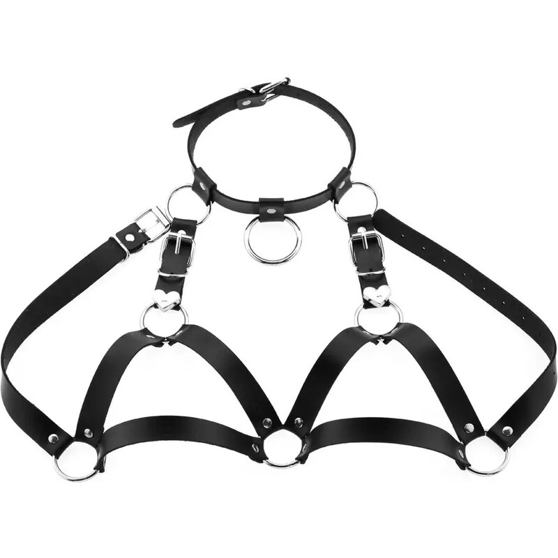 Bodypiece harness / pásek / bra / choker - černý koženkový se srdíčky