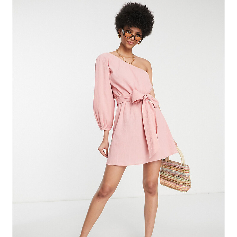 ASOS Tall ASOS DESIGN Tall one shoulder belted beach mini dress in 100035847