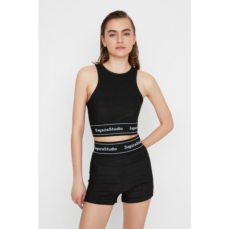 Trendyol X Sagaza Studio Black Shiny Elastic Detail Knitted Shorts