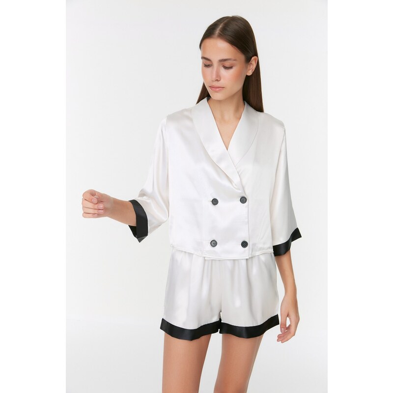 Trendyol Ecru Striped Satin Shirt-Shorts Woven Pajama Set