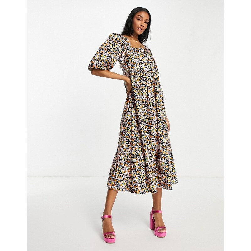 Edited cotton short sleeve smock dress with pleated hem in retro floral - MULTI
