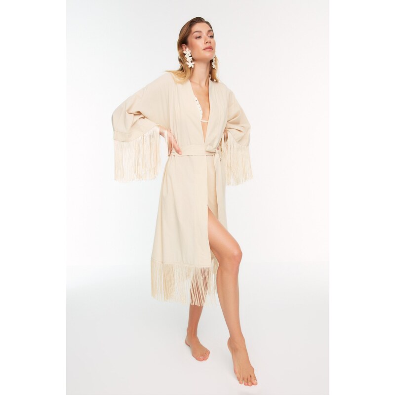 Trendyol Beige Tassel Detailed Beach Kimono & Beach Caftan