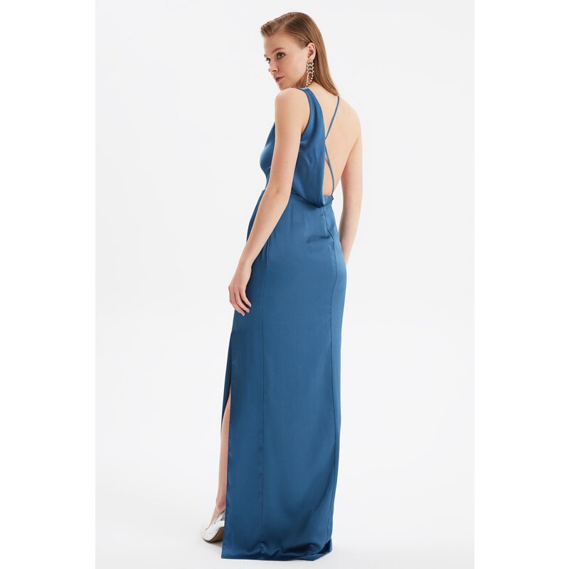 Trendyol tmavě modré večerní šaty se zadními detailními dlouhými večerními šaty
