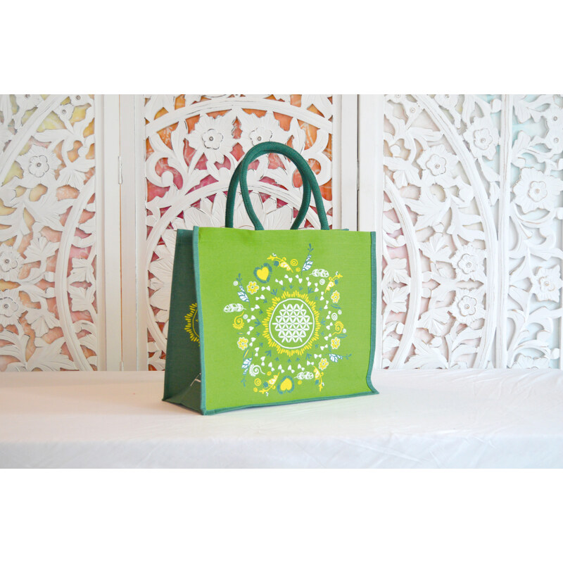 The Spirit of OM nákupní jutová taška s květem života - zelená