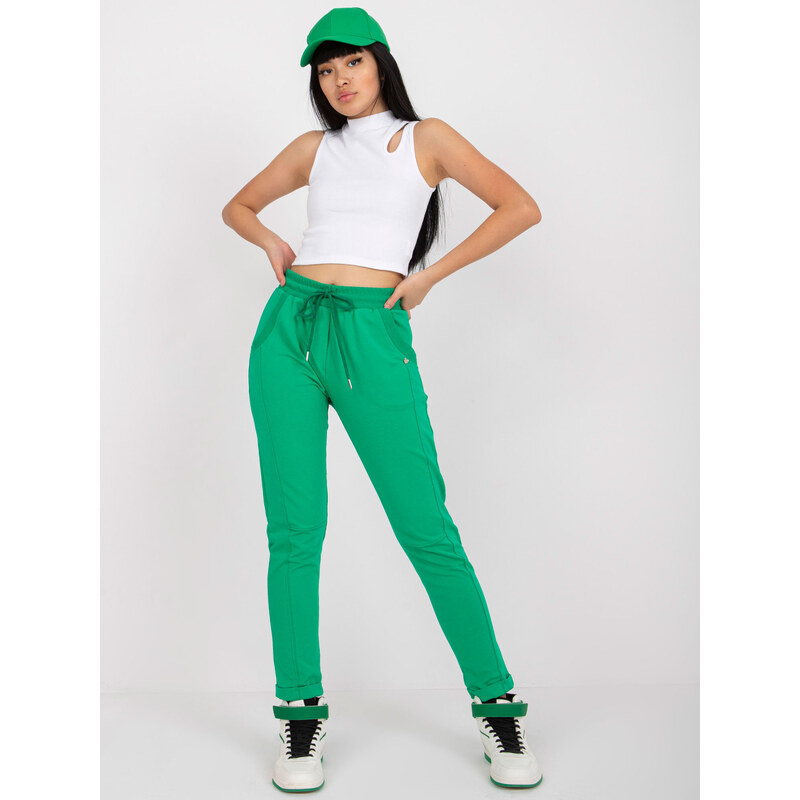 Fashionhunters Tmavě zelené bavlněné tepláky s vysokým pasem
