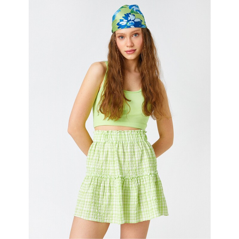 Koton Checkered Mini Skirt with Frilled Elastic Waist.