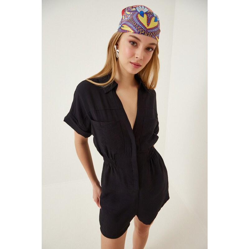 Happiness İstanbul Women's Black Linen Viscose Jumpsuit with Shorts TO0009