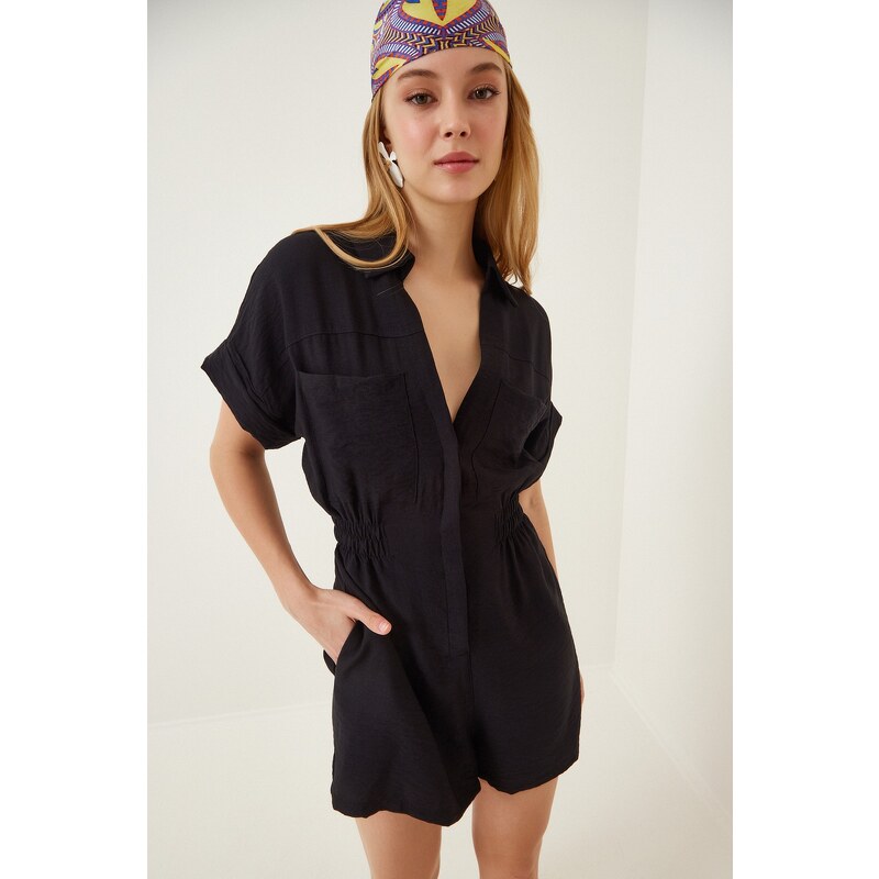 Happiness İstanbul Women's Black Linen Viscose Jumpsuit with Shorts TO0009