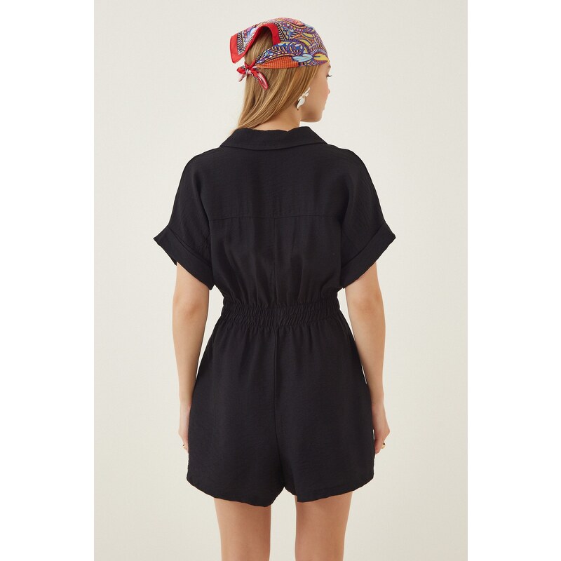 Happiness İstanbul Women's Black Linen Viscose Jumpsuit with Shorts TO0009