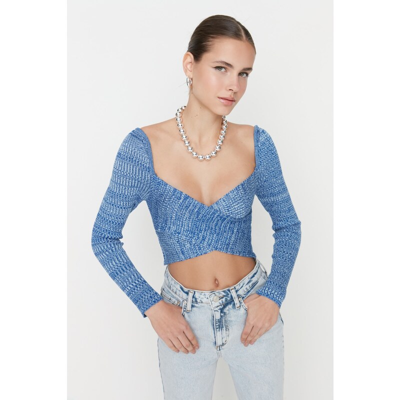 Trendyol Blue Crop Premium Yarn / Special Yarn Sweetheart Knitwear Sweater