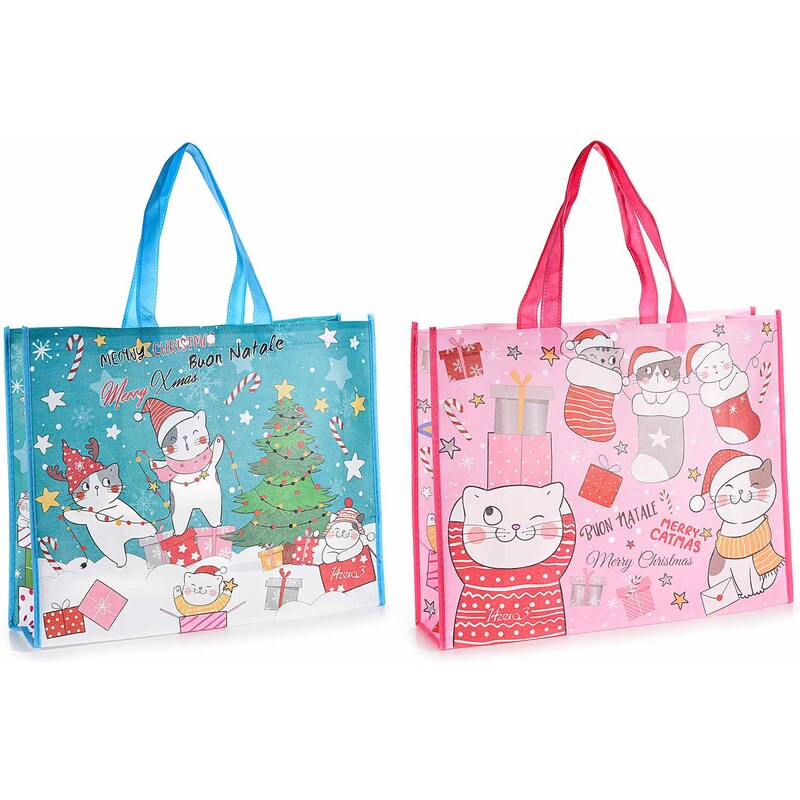 Vánoční nákupní / dárková taška s kočkami - růžová, modrá