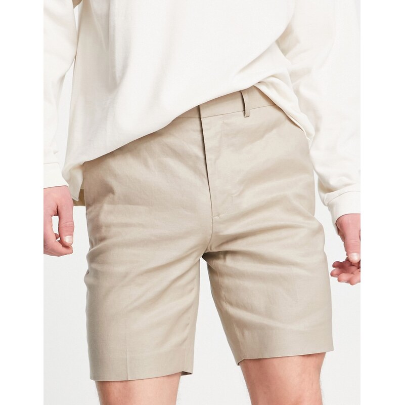 ASOS DESIGN smart skinny linen mix shorts in stone-Neutral