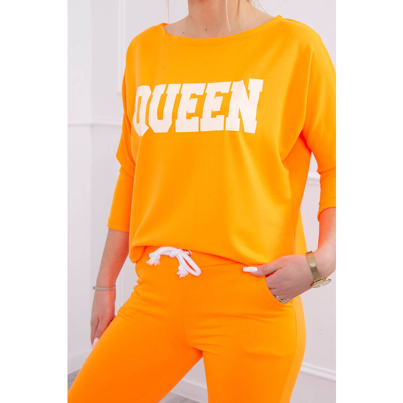 MladaModa Tepláková souprava s nápisem Queen model 66977 neonově oranžová
