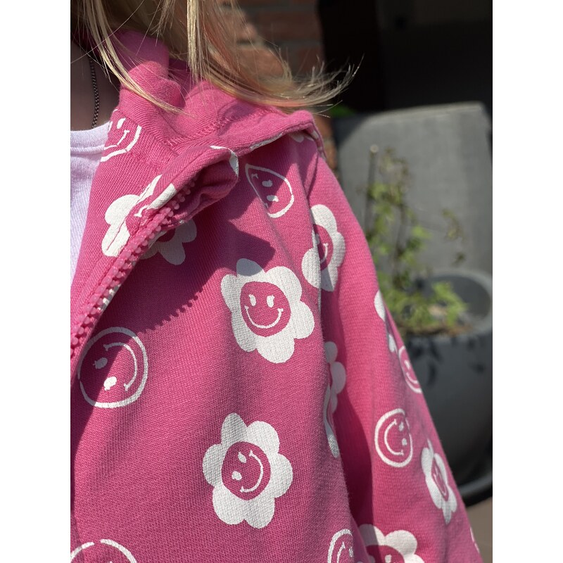 Dívčí mikina na zip s kapucí, smajlík, růžová LOSAN