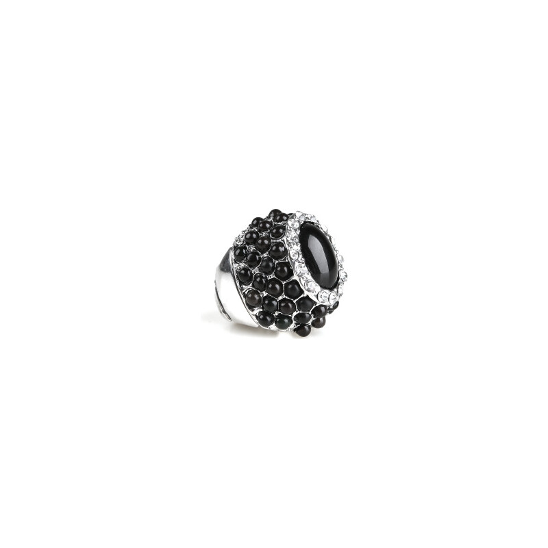 LA FEMME Černý prsten s krystaly a korálky