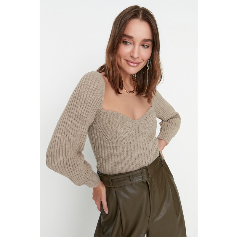 Trendyol Mink Crop Heart Krk Pletený svetr